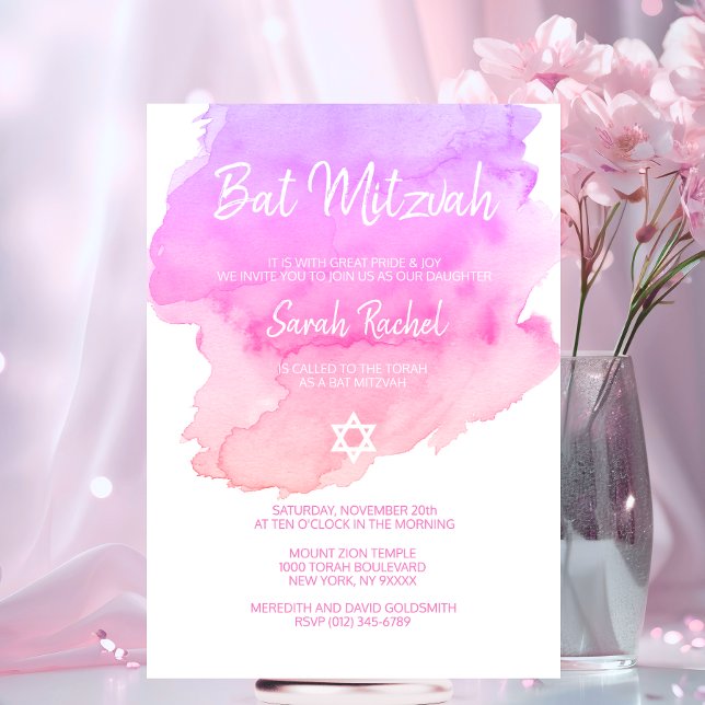 Invitation Aquarelle violet rose rose rose BAT MITZVAH étoile (Watercolor Purple Pink Peach Star BAT MITZVAH Invitation)