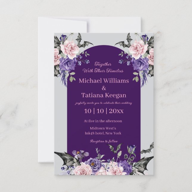 Invitation aquarelle violet rose roses halloween mariage (Devant)
