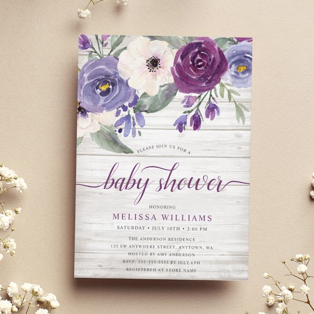 Invitation Aquarelle violet rustique Baby shower Floral Girl (Créateur téléchargé)