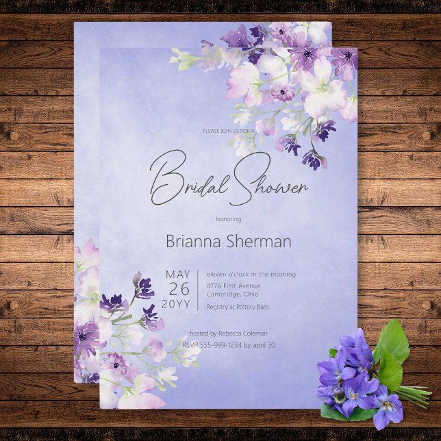 Invitation Aquarelle violet rustique Fête des mariées florale (Rustic Purple Watercolor Floral Bridal Shower Invitation)