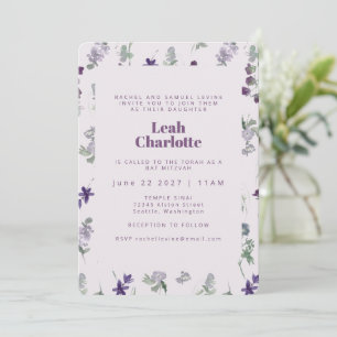 Invitation Aquarelle violet tendance Bat mitzvah floral