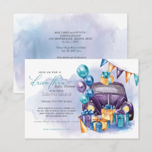 Invitation Aquarelle violet Turquoise Baby shower Drive-Thru