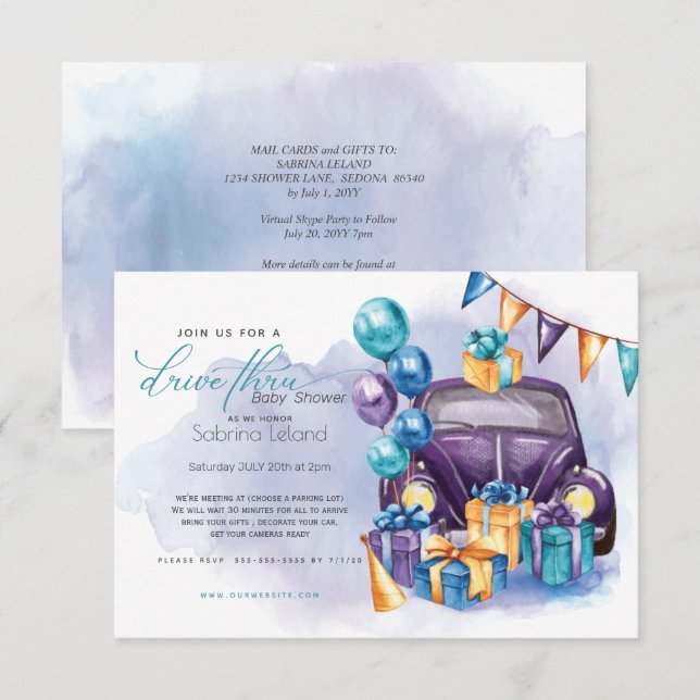 Invitation Aquarelle violet Turquoise Baby shower Drive-Thru (Devant / Derrière)