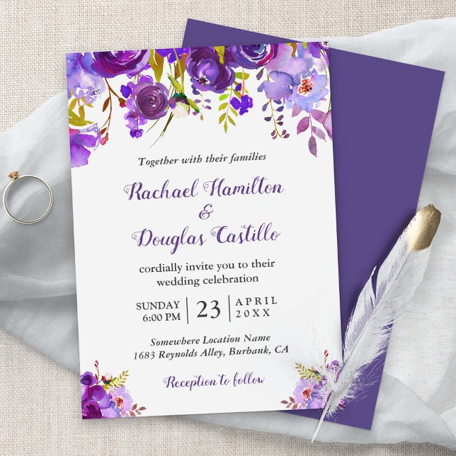 Invitation Aquarelle violet ultra violet Mariage floral (Créateur téléchargé)