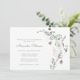 Invitation Aquarelle violet vert Baby shower floral
