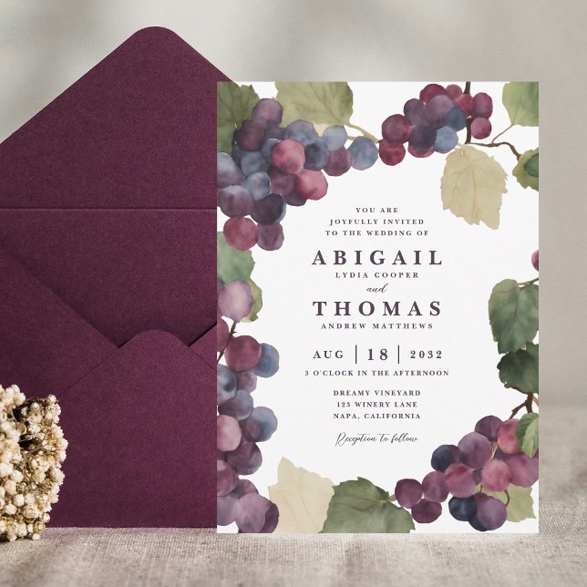 Invitation Aquarelle violet vigne vigne vigne Mariage (Vineyard Wedding Invitation Suite, Winery Wine Country Gouache Watercolor Purple Grape Vine Invite )