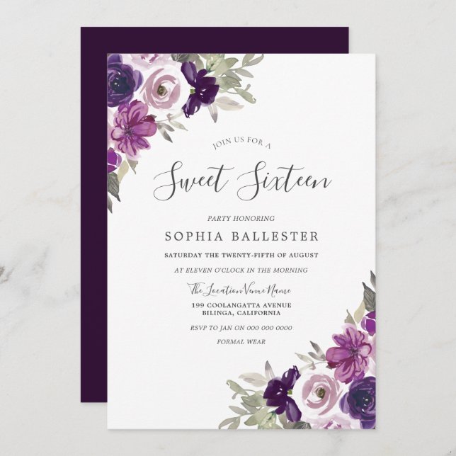 Invitation Aquarelle violet violet Fleurs Douce 16 Partie (Devant / Derrière)