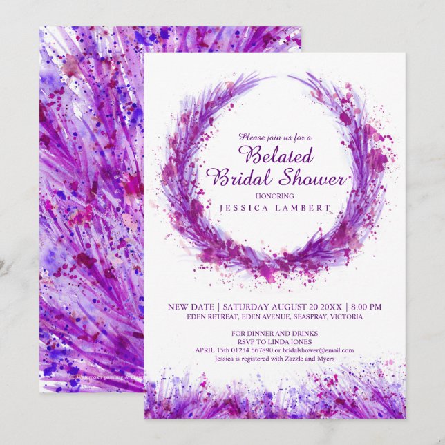 Invitation Aquarelle violette art splat douche nuptiale tardi (Devant / Derrière)