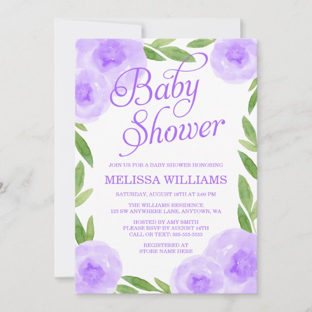 Invitation Aquarelle violette Baby shower de fille feuille fl (Devant)