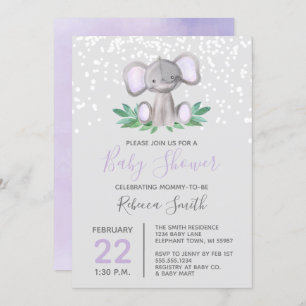 Invitation Aquarelle violette Baby shower éléphant