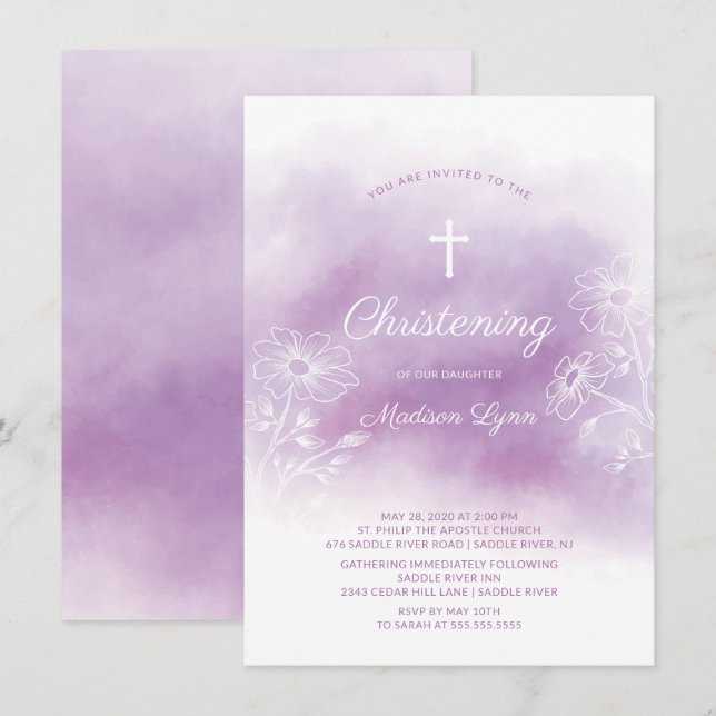 Invitation Aquarelle violette Baptême Christening (Devant / Derrière)