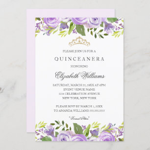 Invitation Aquarelle violette Élégante Quinceanera Florale