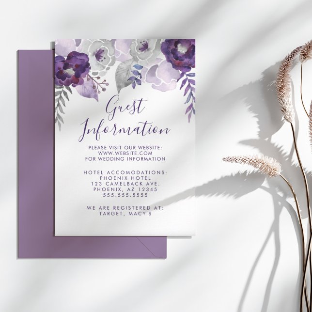 Invitation Aquarelle violette et argentée Informations sur le (Purple and Silver Watercolor Floral Wedding Info Invitation)