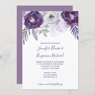 Invitation Aquarelle violette et argentée Mariage floral