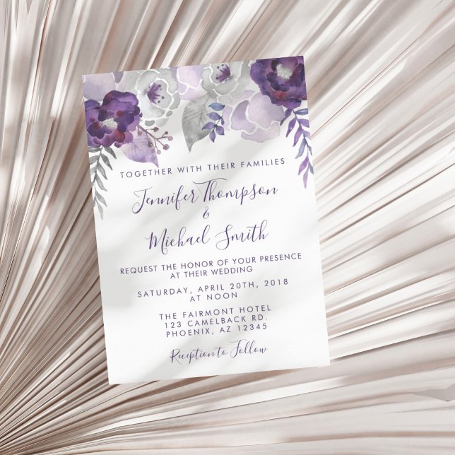 Invitation Aquarelle violette et argentée Mariage floral (Purple and Silver Watercolor Floral Wedding Invitation)