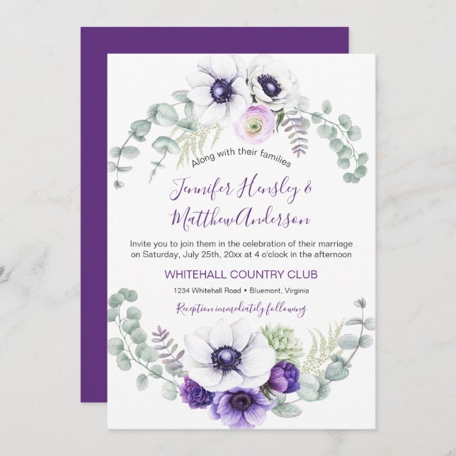 Invitation Aquarelle violette et blanche Mariage floral | (Devant / Derrière)