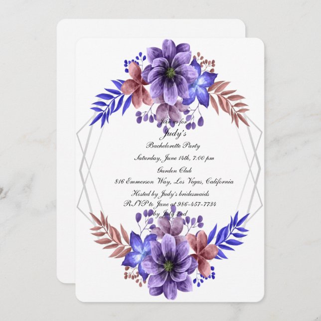 Invitation Aquarelle violette et bleu Floral Bachelorette Par (Devant / Derrière)