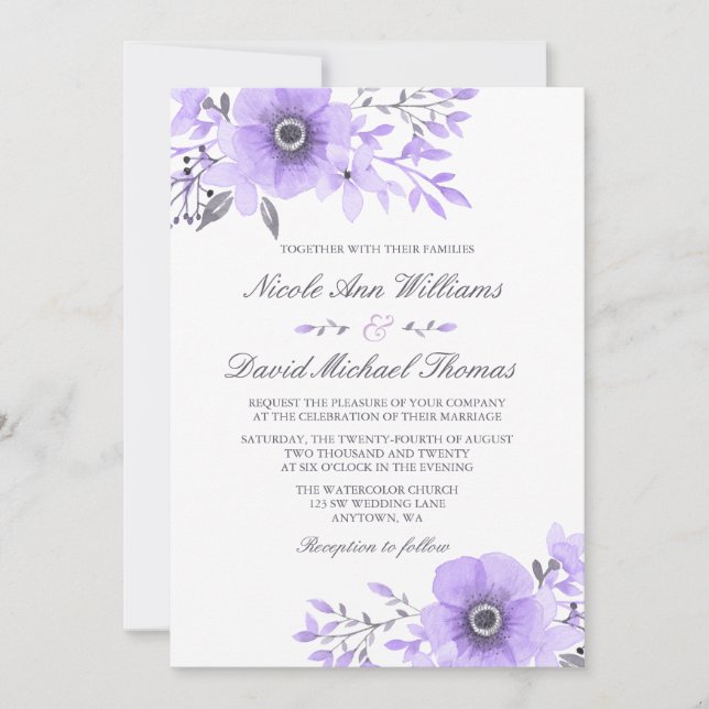 Invitation Aquarelle violette et gris Mariage Floral v2 (Devant)