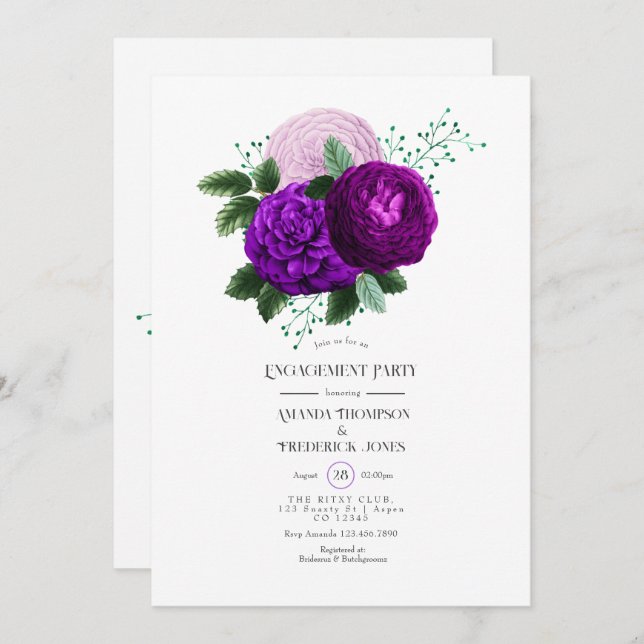 Invitation Aquarelle violette et verte Fête d'engagement Flor (Devant / Derrière)