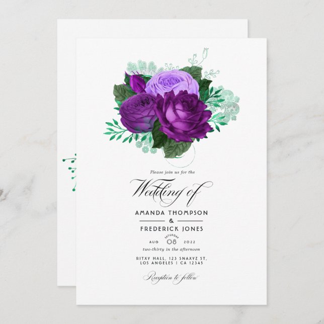 Invitation Aquarelle violette et verte Mariage Floral (Devant / Derrière)