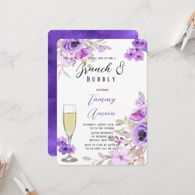 Invitation Aquarelle violette Fleurs de pivoine Brunch & Bubb (Devant/Arrière en situation)