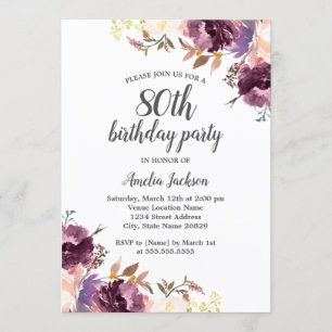 Invitation Aquarelle violette Floral 80e fête d'anniversaire