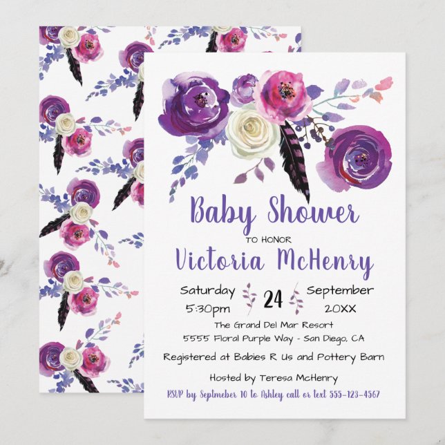 Invitation Aquarelle violette Floral Boho BabyDouche (Devant / Derrière)