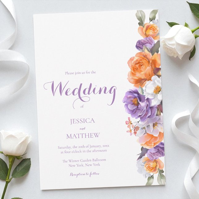 Invitation Aquarelle violette Floral Élégant Fleurs Mariage (Purple Watercolor Floral Elegant Flowers Wedding Invitation)