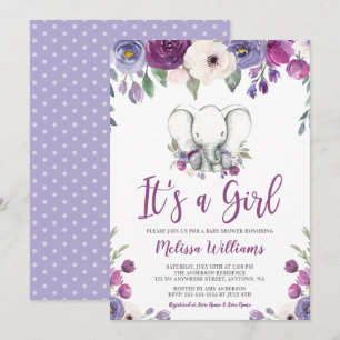 Invitation Aquarelle violette Floral Elephant Baby shower fil