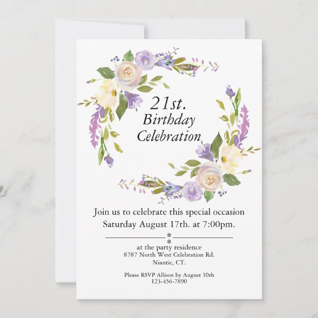 Invitation Aquarelle violette Floral personnalisable 21 Anniv (Devant)