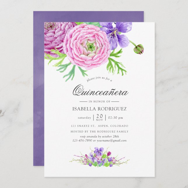 Invitation Aquarelle violette Floral Quinceañera (Devant / Derrière)