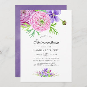 Invitation Aquarelle violette Floral Quinceañera