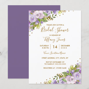 Invitation Aquarelle violette Florale Fête des mariées or