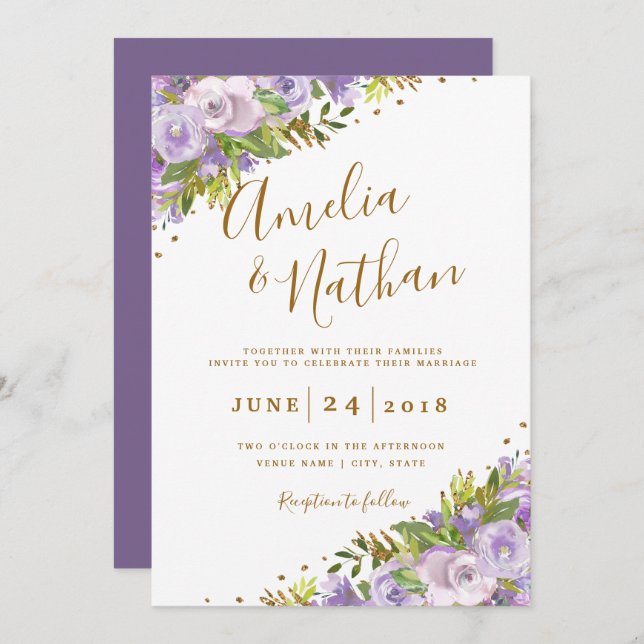 Invitation Aquarelle violette Florale Mariage or (Devant / Derrière)