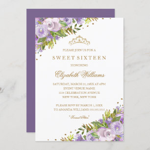 Invitation Aquarelle violette Florale Sweet sixteen or