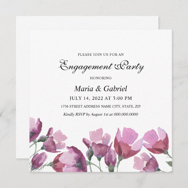 Invitation Aquarelle violette Flower. Fête de fiançailles flo (Devant / Derrière)