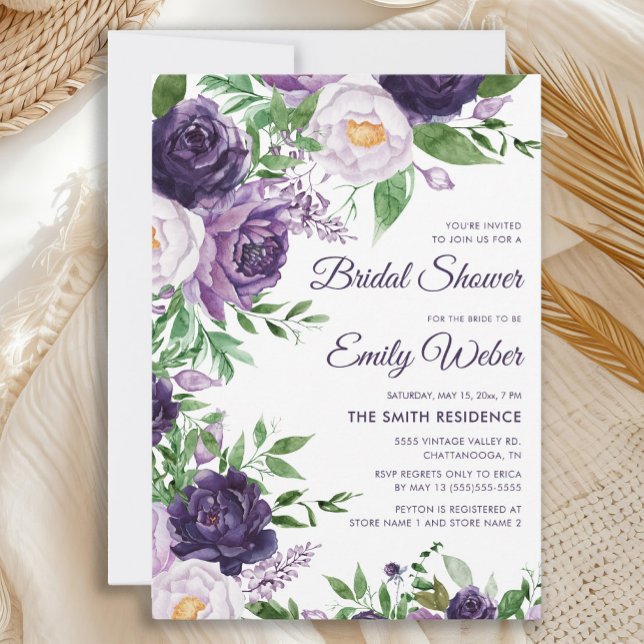 Invitation Aquarelle violette Lavande Fête des mariées floral (Elegant purple and lavender floral bridal shower invitation)