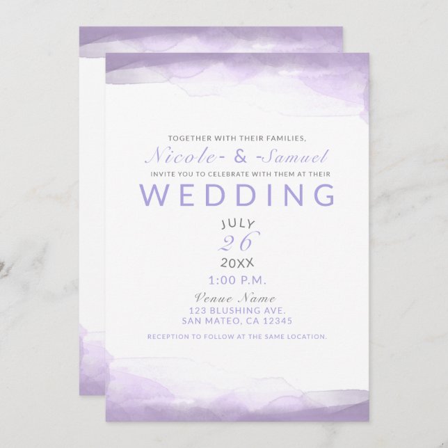 Invitation Aquarelle violette Lavande Mariage moderne chic (Devant / Derrière)