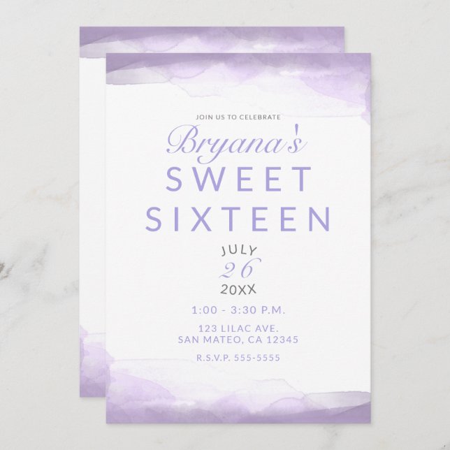Invitation Aquarelle violette Lavande Moderne Chic Sweet 16 (Devant / Derrière)