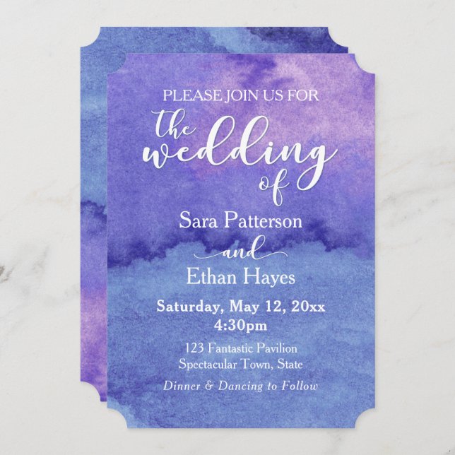 Invitation Aquarelle violette "Le Mariage De" Typographie (Devant / Derrière)