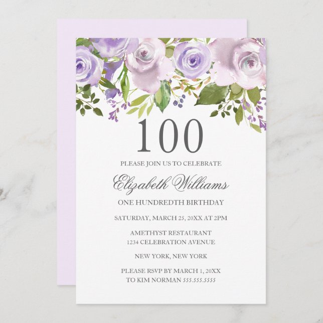 Invitation Aquarelle violette Lilac Floral 100e anniversaire (Devant / Derrière)