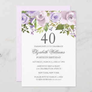 Invitation Aquarelle violette Lilac Floral 40e anniversaire