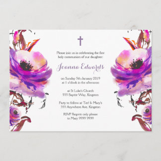 Invitation Aquarelle violette première communion florale