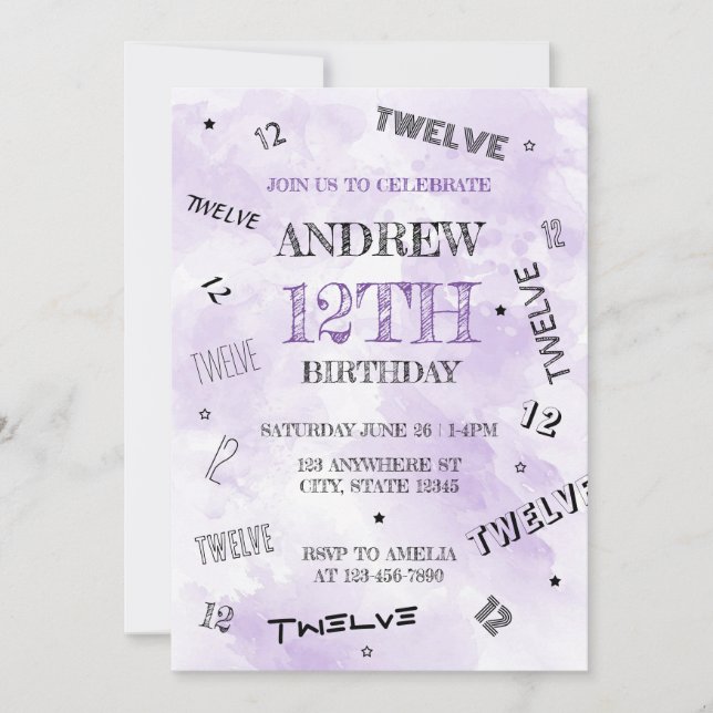 Invitation Aquarelle violette vibre 12e chiffres Anniversaire (Devant)