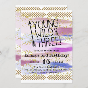 Invitation Aquarelle violette Young Wild & Three 3e anniversa