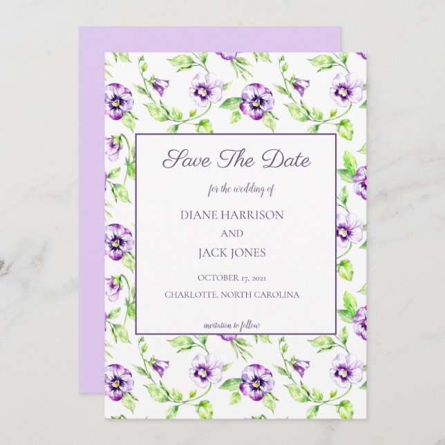 Invitation Aquarelle Violettes Sauvées pour la Date (Devant / Derrière)