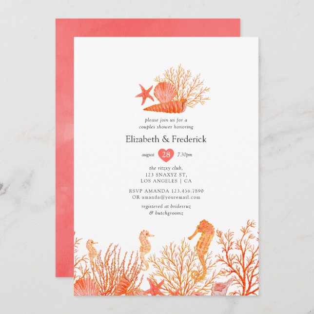 Invitation Aquarelle Vivante Coral Beach Couples douche (Devant / Derrière)