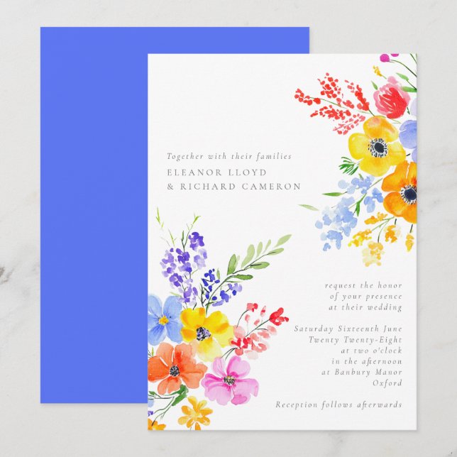 Invitation Aquarelle vive et gras Mariage floral (Devant / Derrière)