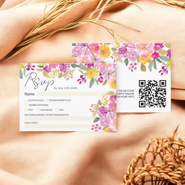 Invitation Aquarelle vive Floral Script Mariage QR RSVP (Vibrant Watercolor Floral Script Wedding QR RSVP Invitation)