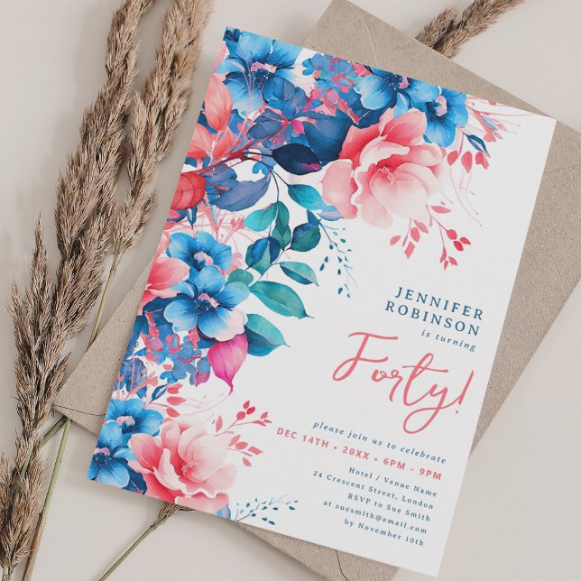 Invitation Aquarelle vive Florale 40e anniversaire (Bright Watercolor Floral 40th Birthday Invitation)